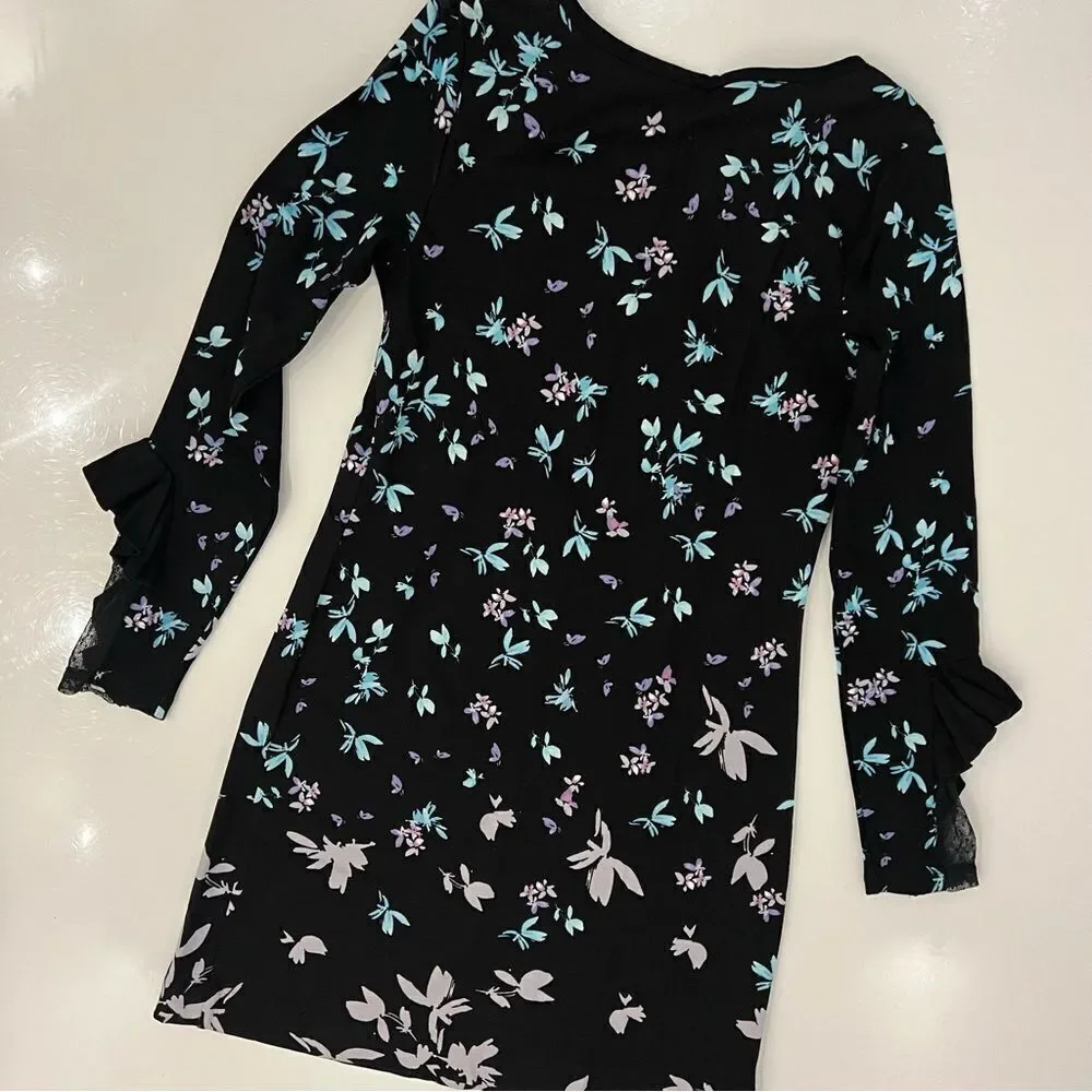 NWT Kaari Blue Floral Dress with Sheer Polka Dot Sleeve Detail
